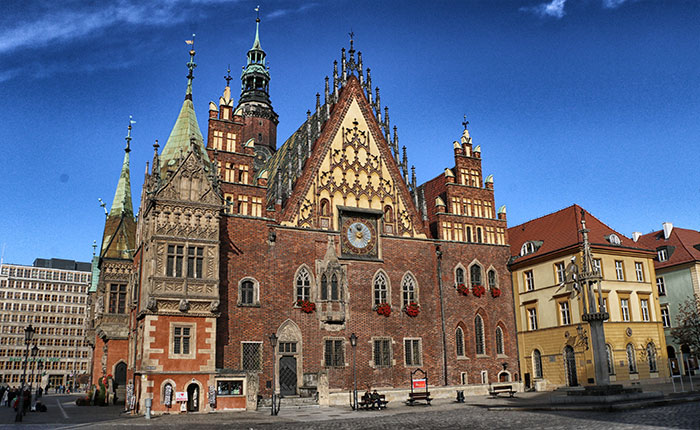 Image: Wroclaw Town Hall stands at the centre of Market Square. The ornate Gothic building is one of the city's main landmarks.